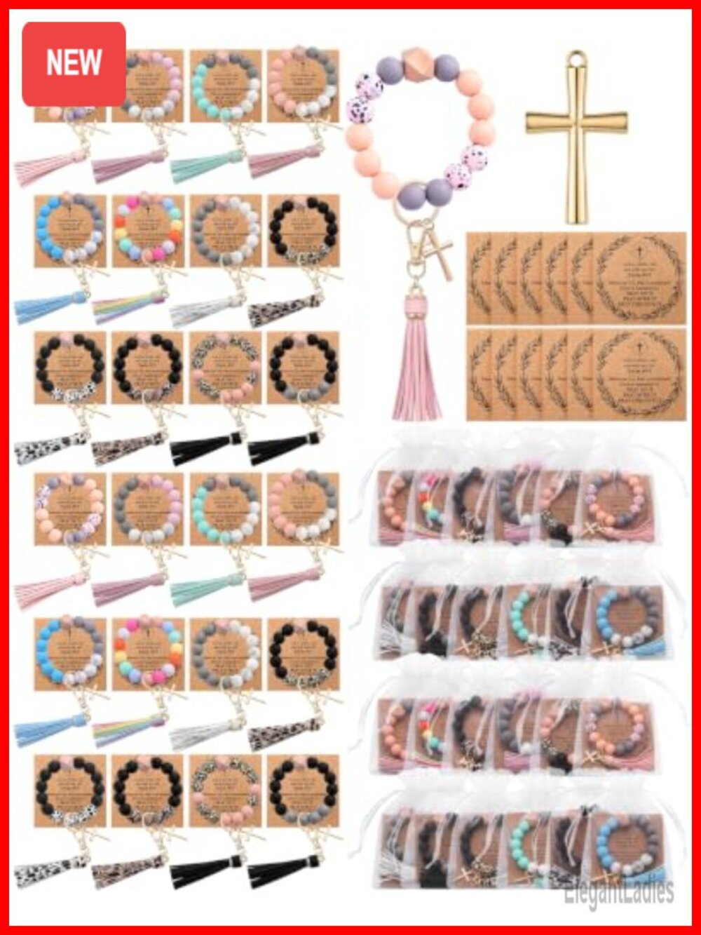 Silicone Beaded Wristlet Keychain Cross Charm Set with Tassels